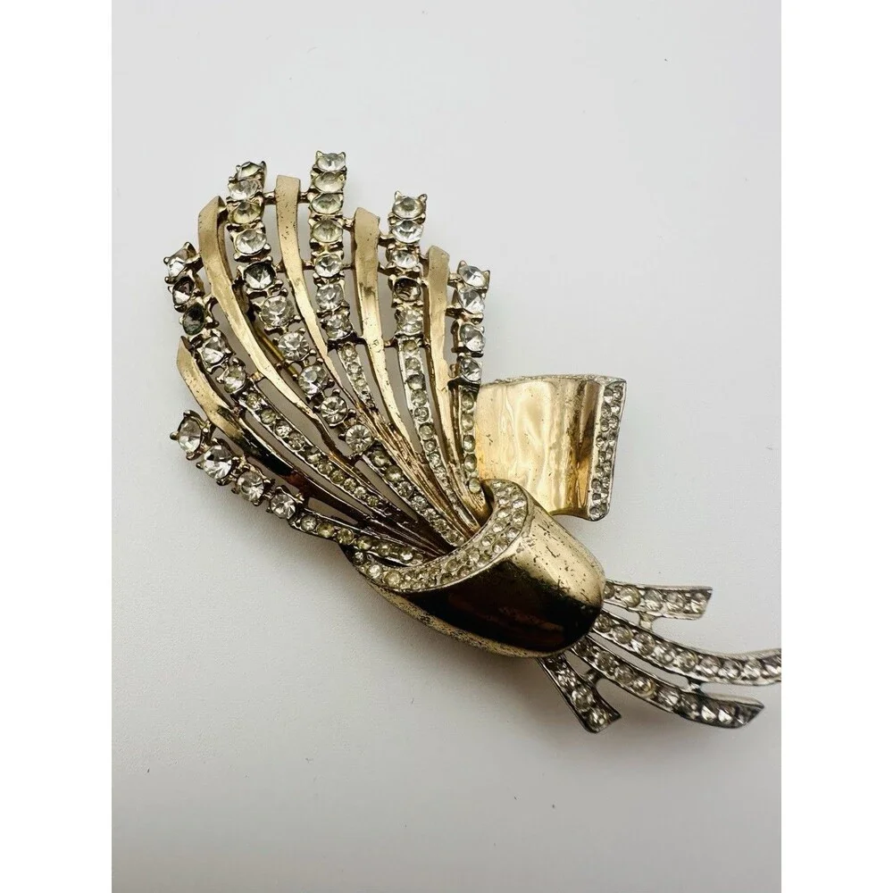 Vintage Coro Craft Sterling Brooch Vermeil Rhinestone Flower Bouquet  READ